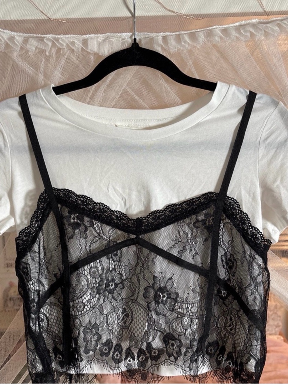 H&M White Tee with Black Lace Trim